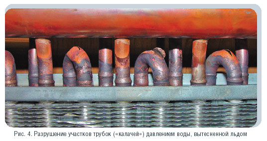 Рис. 4. Разрушение участков трубок («калачей») давлением воды, вытесненной льдом