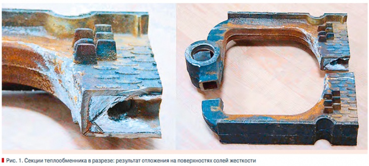 Рис. 1. Секции теплообменника в разрезе: результат отложения на поверхностях солей жесткости