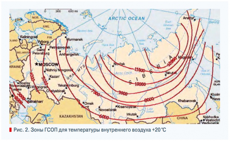 Рис. 2. Зоны ГСОП для температуры внутреннего воздуха +20  °С