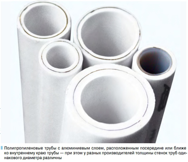 Полипропиленовые трубы с алюминиевым слоем, расположенным посередине или ближе  ко внутреннему краю трубы — при этом у разных производителей толщины стенок труб одинакового диаметра различны