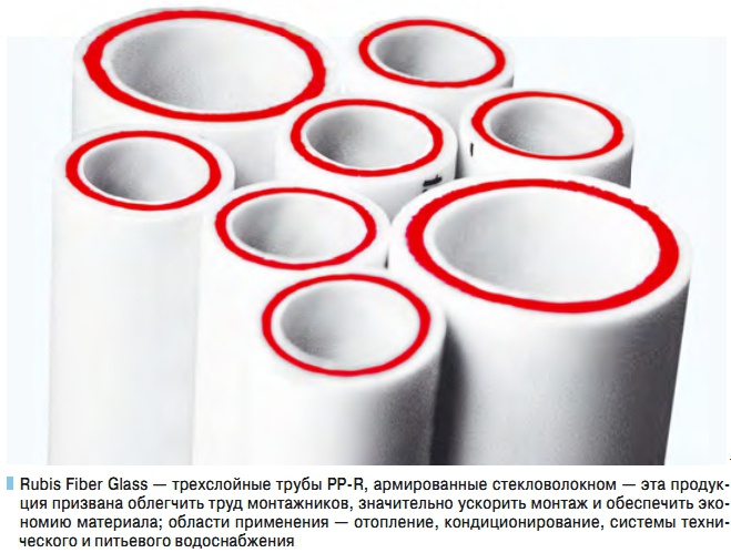 Rubis Fiber Glass — трехслойные трубы PP-R, армированные стекловолокном — эта продукция призвана облегчить труд монтажников, значительно ускорить монтаж и обеспечить экономию материала; области применения — отопление, кондиционирование, системы технического и питьевого водоснабжения