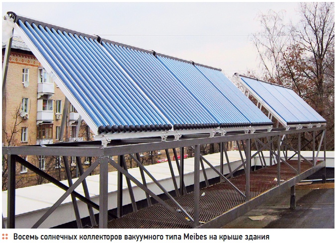 Восемь солнечных коллекторов вакуумного типа Meibes на крыше здания