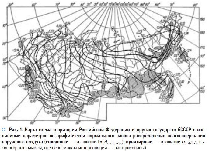 Рис. 1. Карта-схема  территории Российской Федерации и других  государств  бСССР  с изолиниями  параметров  логарифмически-нормального  закона  распределения  влагосодержания наружного воздуха