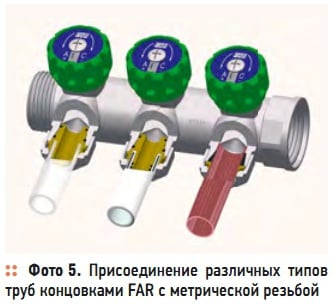 Фото 5.  Присоединение  различных  типов труб концовками FAR с метрической резьбой