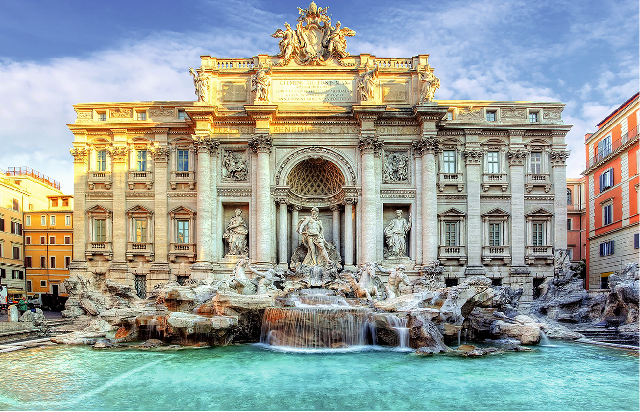 Крупнейший в «Вечном городе» фонтан Треви, символ римского барокко, построен архитектором Николо Сальви так, что образует единый архитектурный ансамбль с дворцом герцога Поли