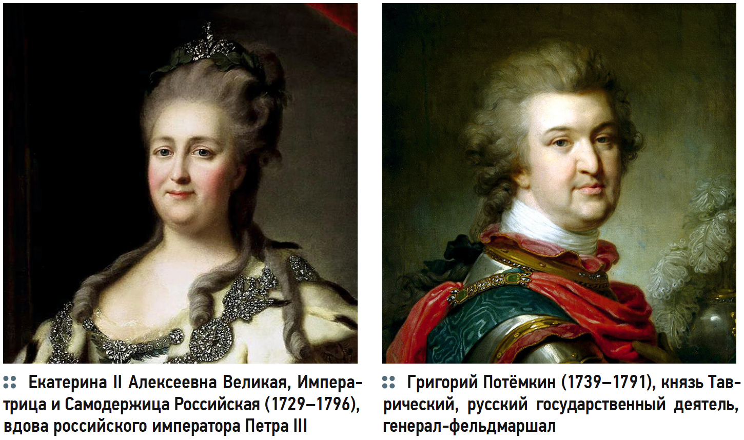 Екатерина II Алексеевна Великая, Императрица и Самодержица Российская (1729–1796), вдова российского императора Петра III, а также Григорий Потёмкин (1739–1791), князь Таврический, русский государственный деятель, генерал-фельдмаршал