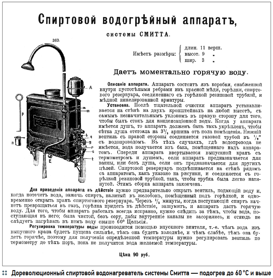 Дореволюционный спиртовой водонагреватель системы Смитта — подогрев до 60 °C и выше