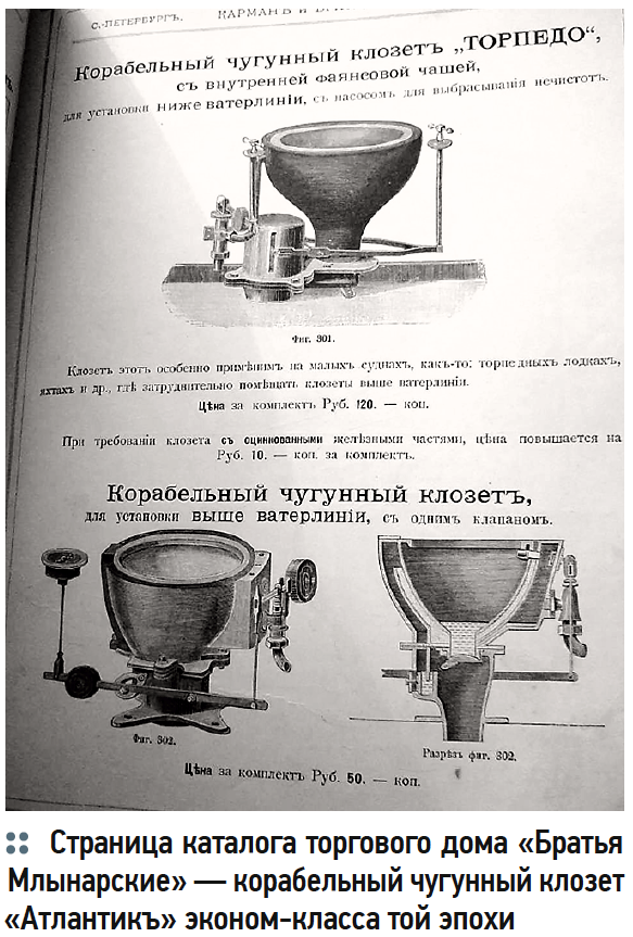 Страница каталога торгового дома «Братья Млынарские» — корабельный чугунный клозет «Атлантикъ» эконом-класса той эпохи