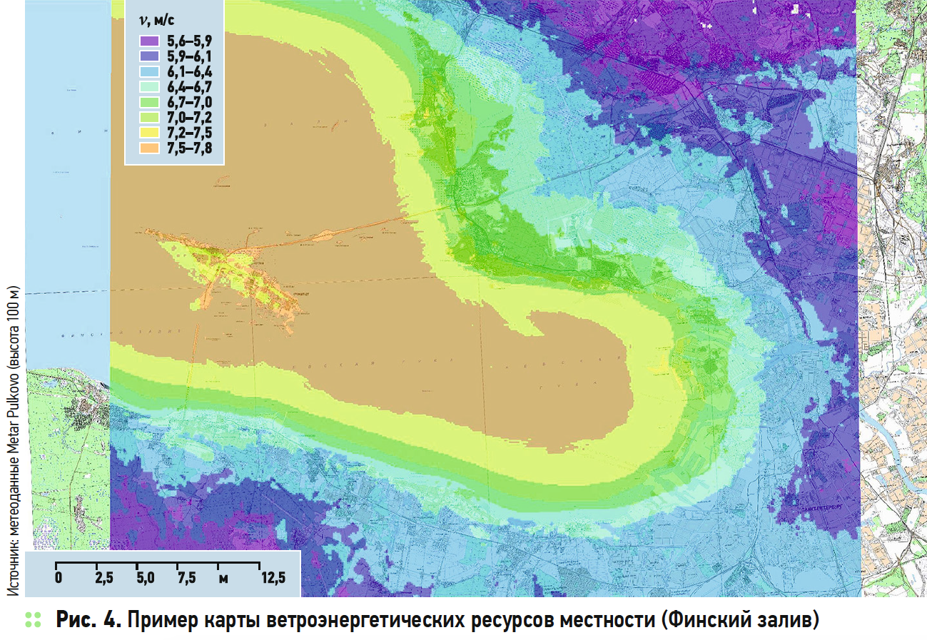 Пример карты ветроэнергетических ресурсов местности (Финский залив)