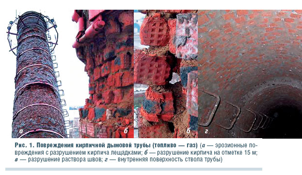 Рис. 1. Повреждения кирпичной дымовой трубы