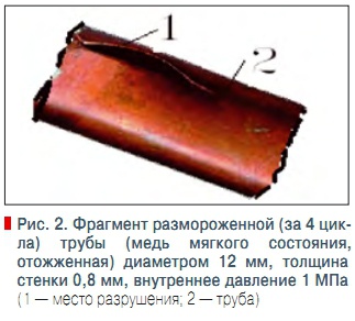 Рис. 2. Фрагмент размороженной (за 4 цикла) трубы (медь мягкого состояния,  отожженная) диаметром 12 мм, толщина  стенки 0,8 мм, внутреннее давление 1 МПа 