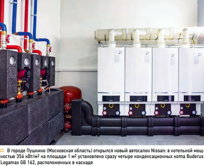 В городе Пушкино (Московская область) открылся новый автосалон Nissan: в котельной мощностью 356 кВт/м2 на площади 1 м2 установлено сразу четыре конденсационных котла Buderus Logamaх GB 162, расположенных в каскаде В городе Пушкино (Московская область) открылся новый автосалон Nissan: в котельной мощностью 356 кВт/м2 на площади 1 м2 установлено сразу четыре конденсационных котла Buderus Logamaх GB 162, расположенных в каскаде