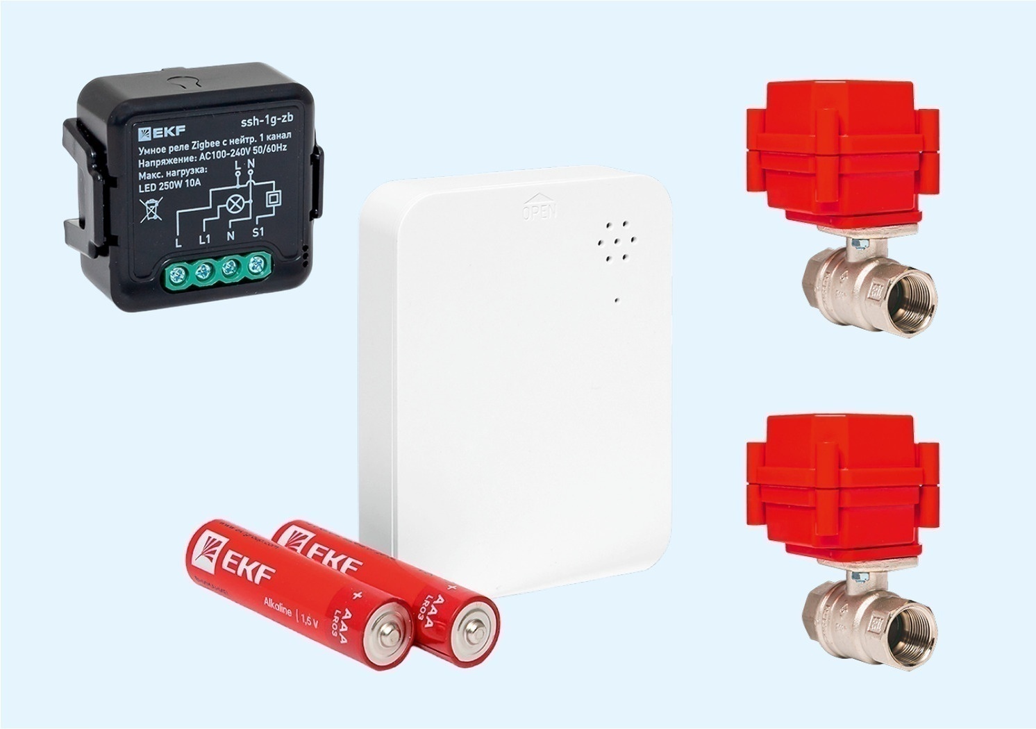 Комплект AquaExpert на ½″: контроллер с Zigbee, шаровые краны с электроприводом и датчики протечки