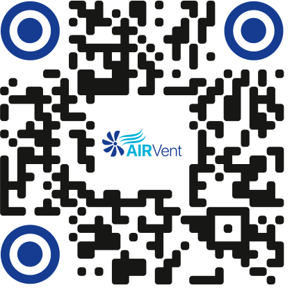 Квадратный QR-код с логотипом AIRVent в центре и круглыми синими метками по углам