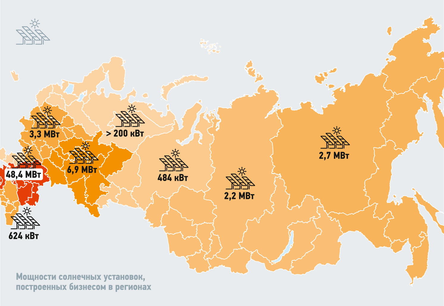 Карта России с указанием установленной мощности солнечных микроэлектростанций в мегаваттах по регионам в 2024 году
