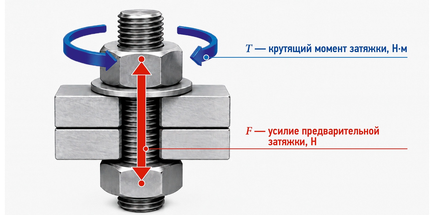 Болт с гайкой и шайбами стягивает две стальные пластины; стрелки показывают вращение гайки и осевое усилие в болте