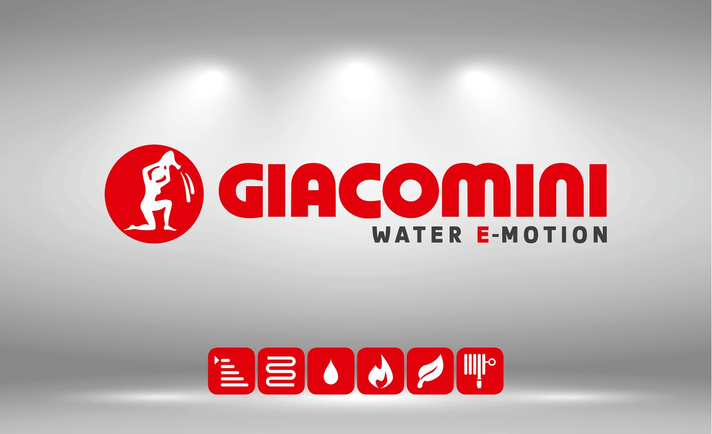 Логотип Giacomini Water E-motion на светлом фоне с подсветкой и пиктограммами направлений