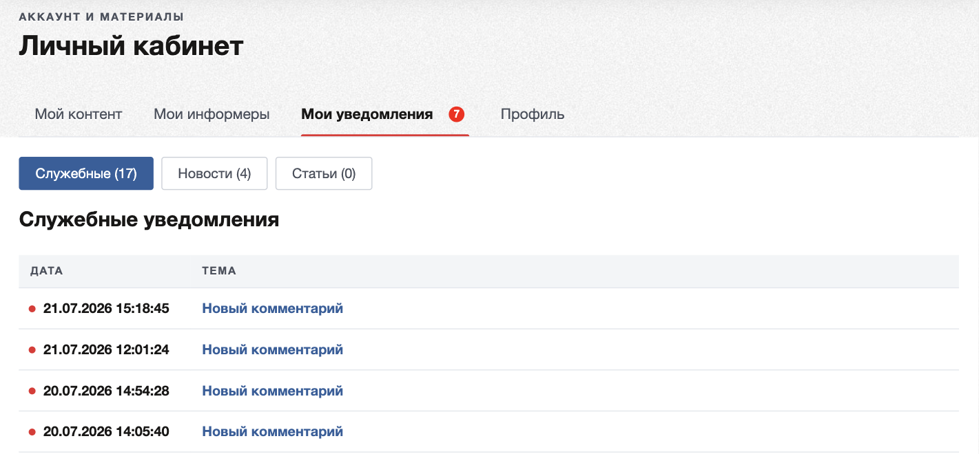Вкладка «Мои уведомления» в личном кабинете